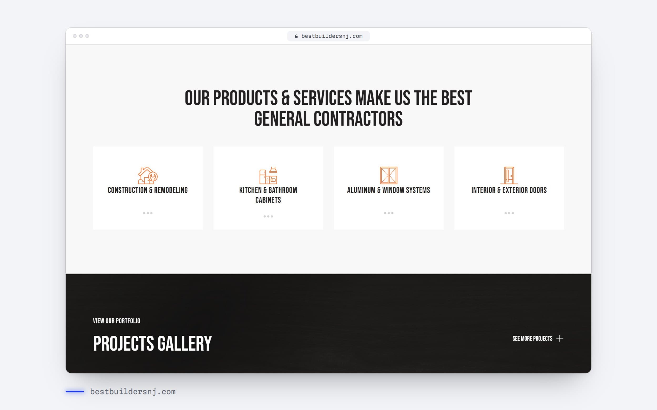 bestbuildersnj.com in a browser: products and services, then the projects gallery