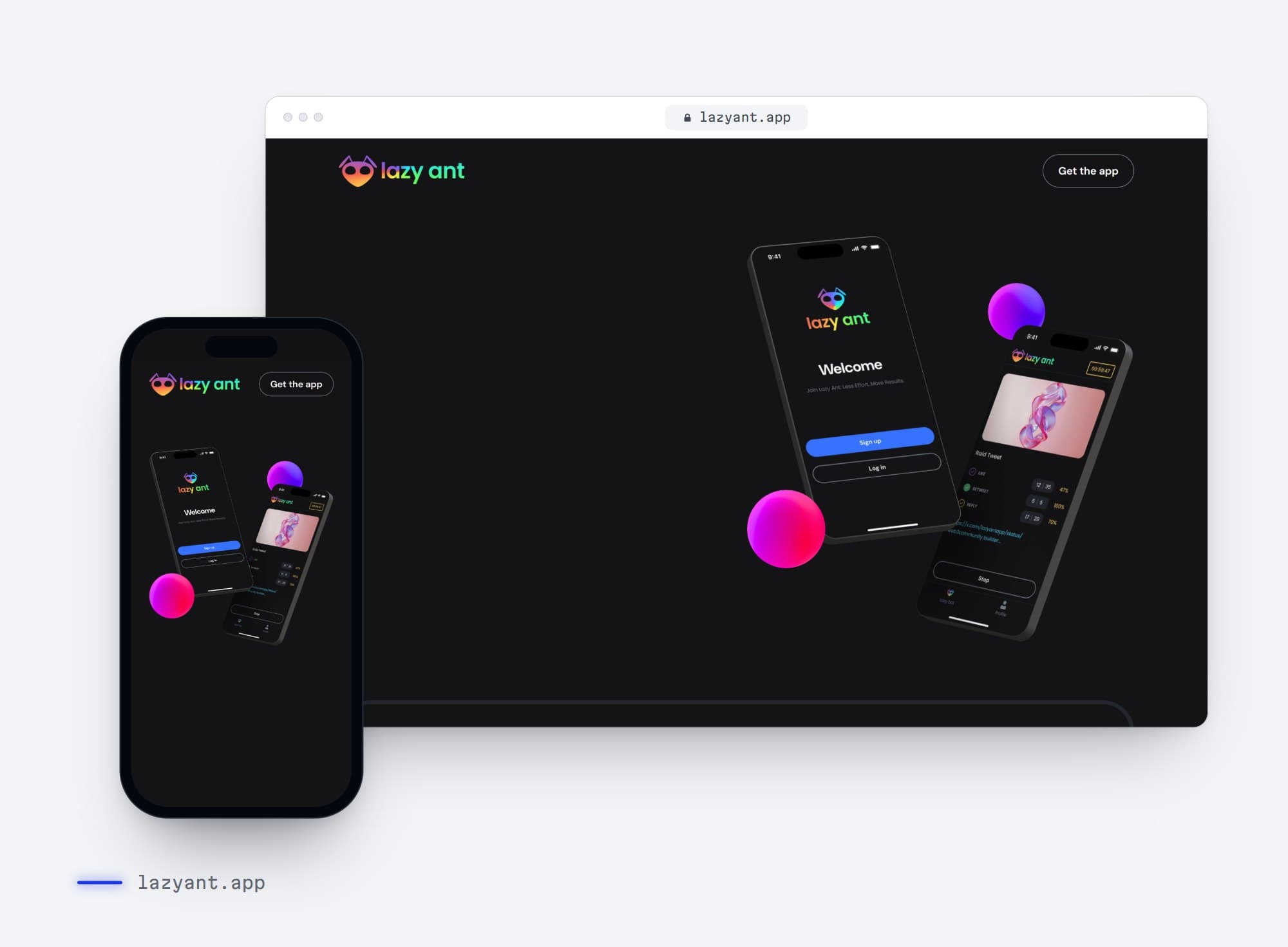 lazyant.app on a desktop browser and a phone: the Lazy Ant app shown on two phones