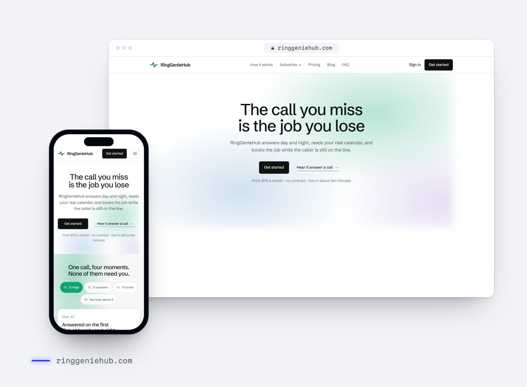 ringgeniehub.com on a desktop browser and a phone: 'The call you miss is the job you lose'