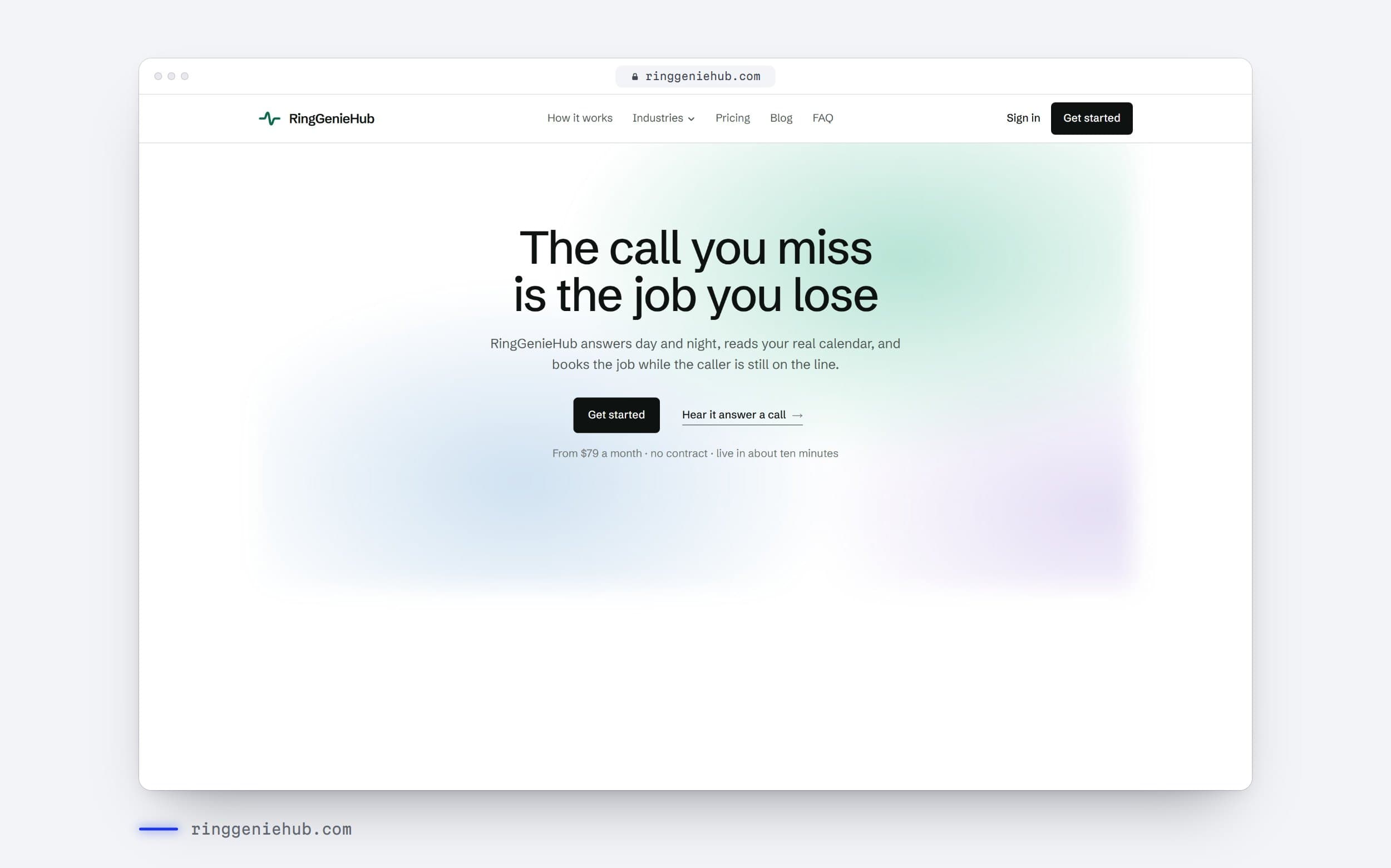ringgeniehub.com in a browser: headline 'The call you miss is the job you lose'