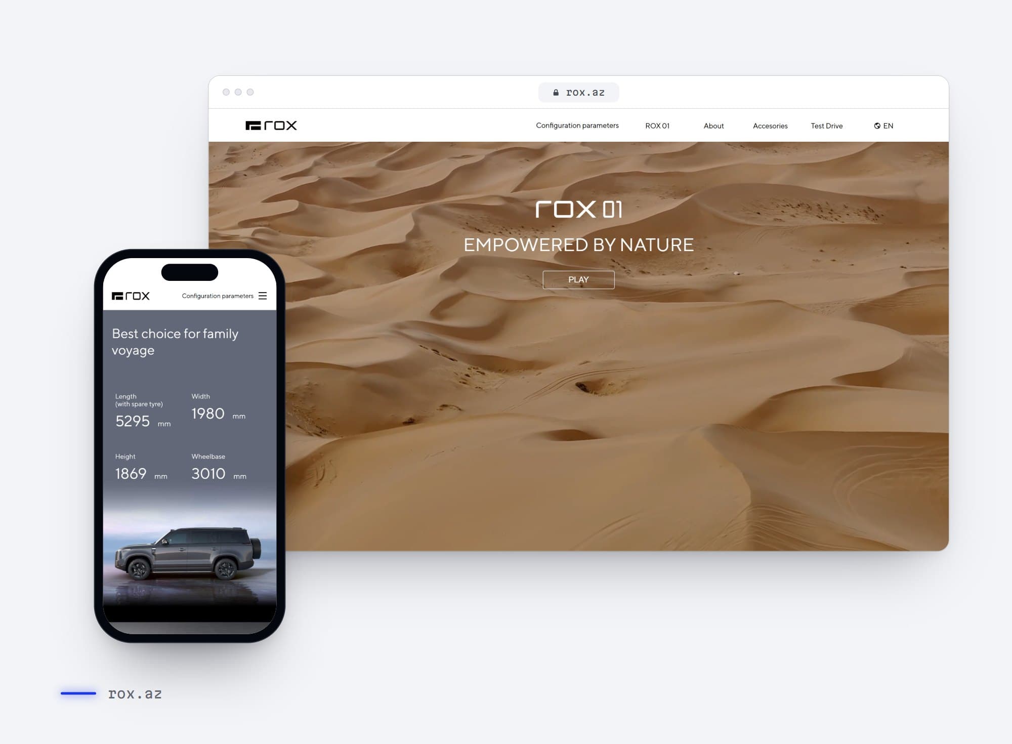 rox.az on a desktop browser and a phone: ROX 01, Empowered by nature, and the vehicle dimensions