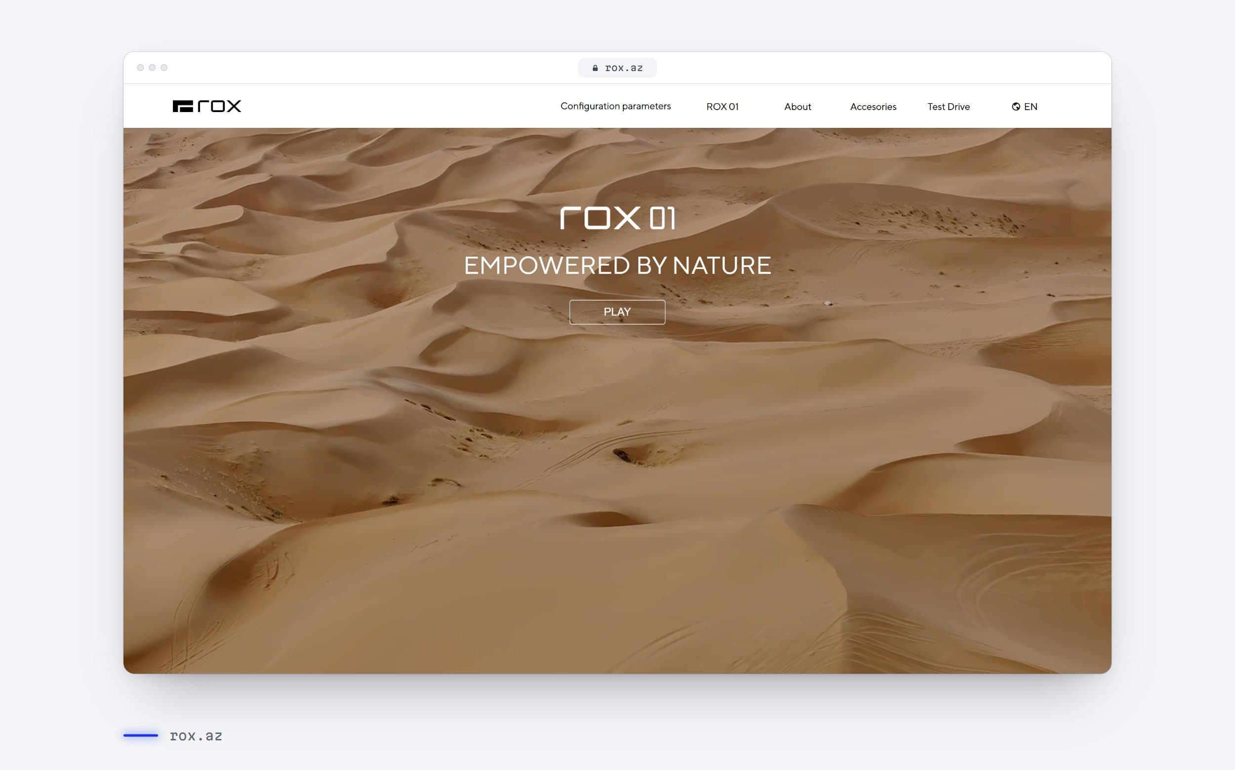 rox.az in a browser: ROX 01, Empowered by nature, over desert dunes