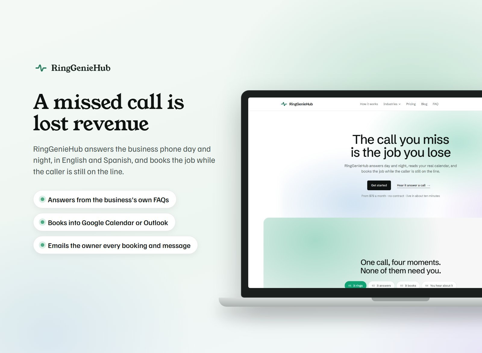 RingGenieHub website on a laptop next to its key features