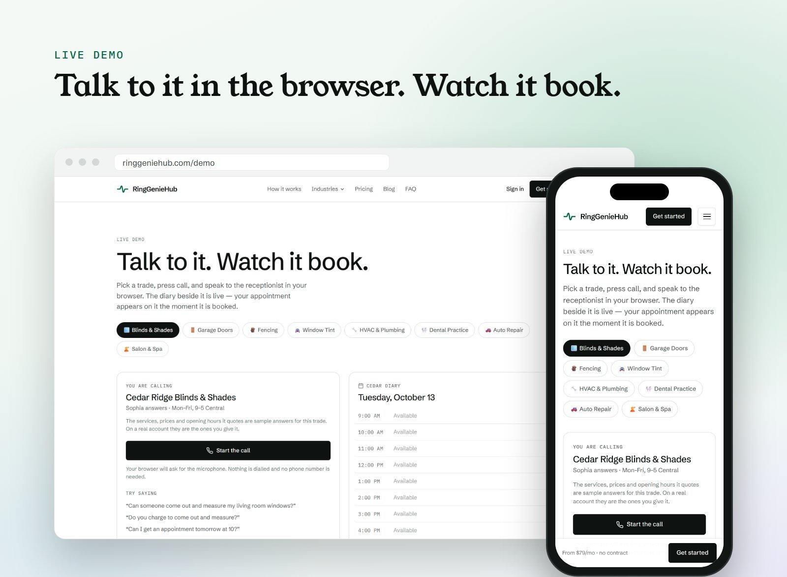 RingGenieHub live demo page in a desktop browser and on a phone