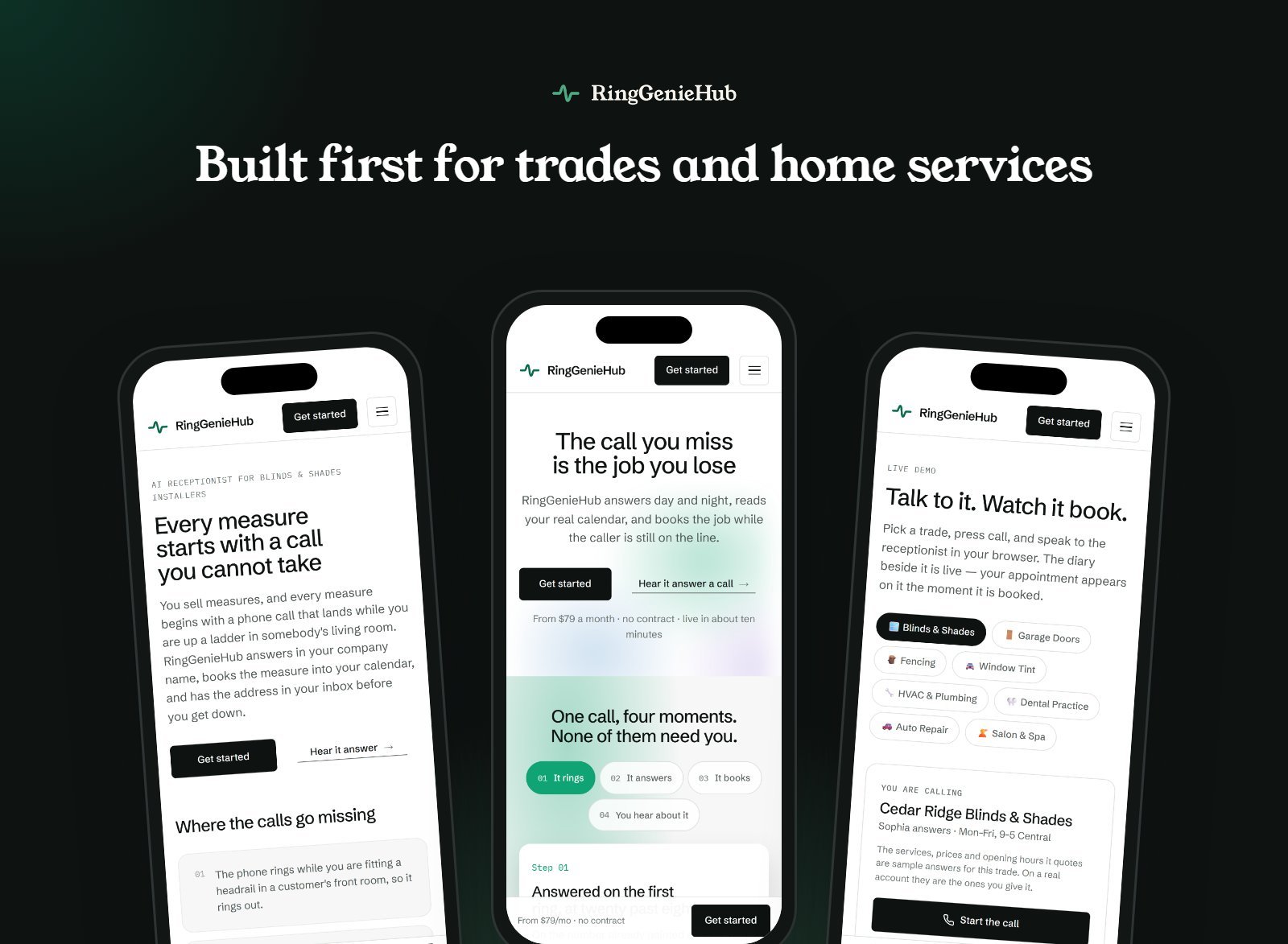 Three RingGenieHub mobile pages for trades and home services