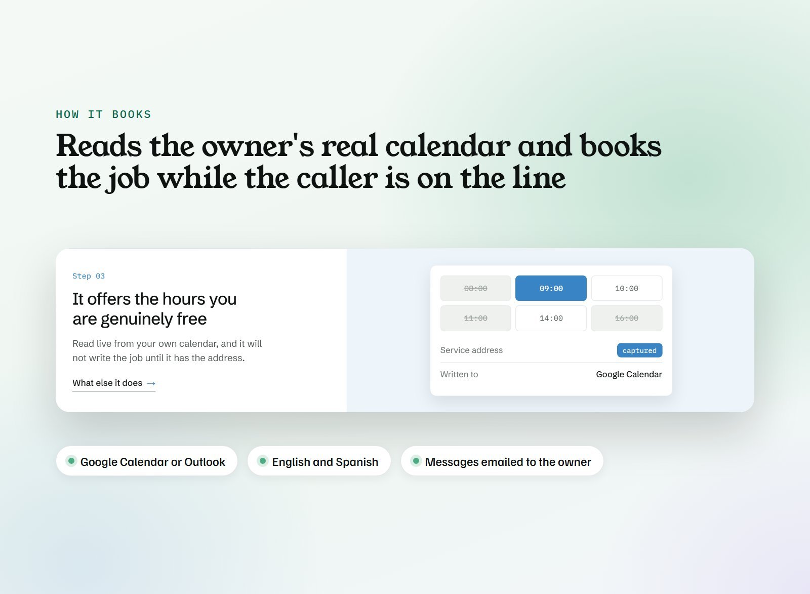RingGenieHub booking step that reads a live calendar and writes the job to Google Calendar